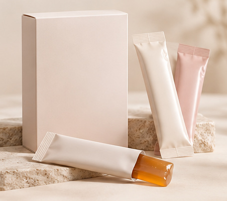 Illustrative pink and cream stick jelly sachets with a blush-pink carton on natural stone, one sachet open showing amber collagen jelly
