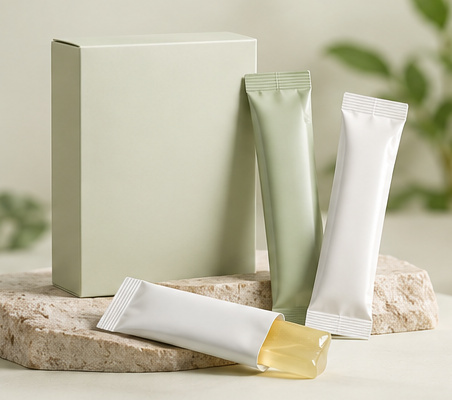 Illustrative sage-green carton with green and white stick jelly sachets on natural stone, one sachet open showing pale jelly