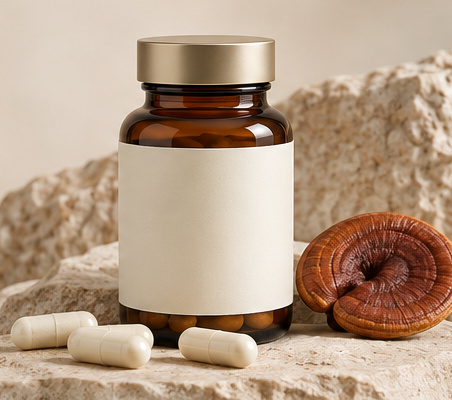 Illustrative amber glass supplement bottle with cream capsules and a reishi mushroom on natural stone