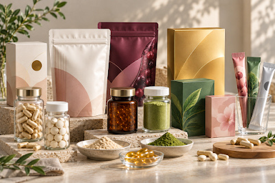Naturalink OEM range — supplement bottles, capsules, softgels, powders, stand-up pouches, stick sachets, tubes and cartons arranged on a bright natural surface with fresh botanicals